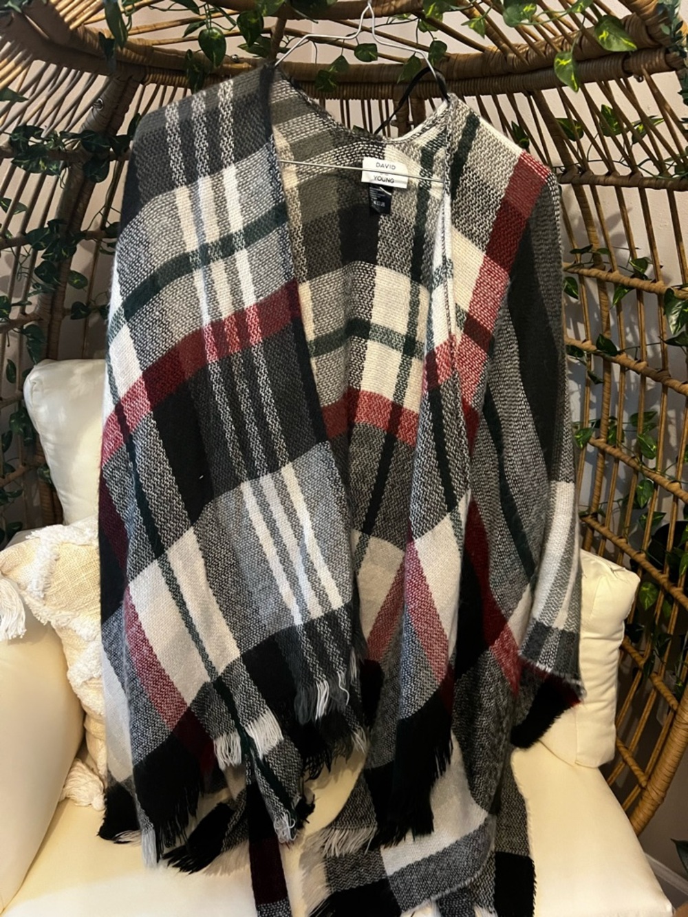 David and Young Black White Gray and Burgundy Plaid Shawl
